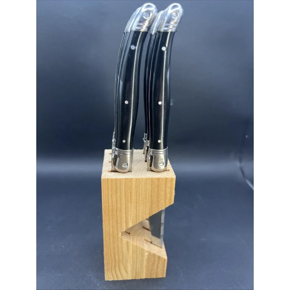 Jean Dubost Laguiole Steak Knives Set of 6 Black Handles Inox with Wooden Block